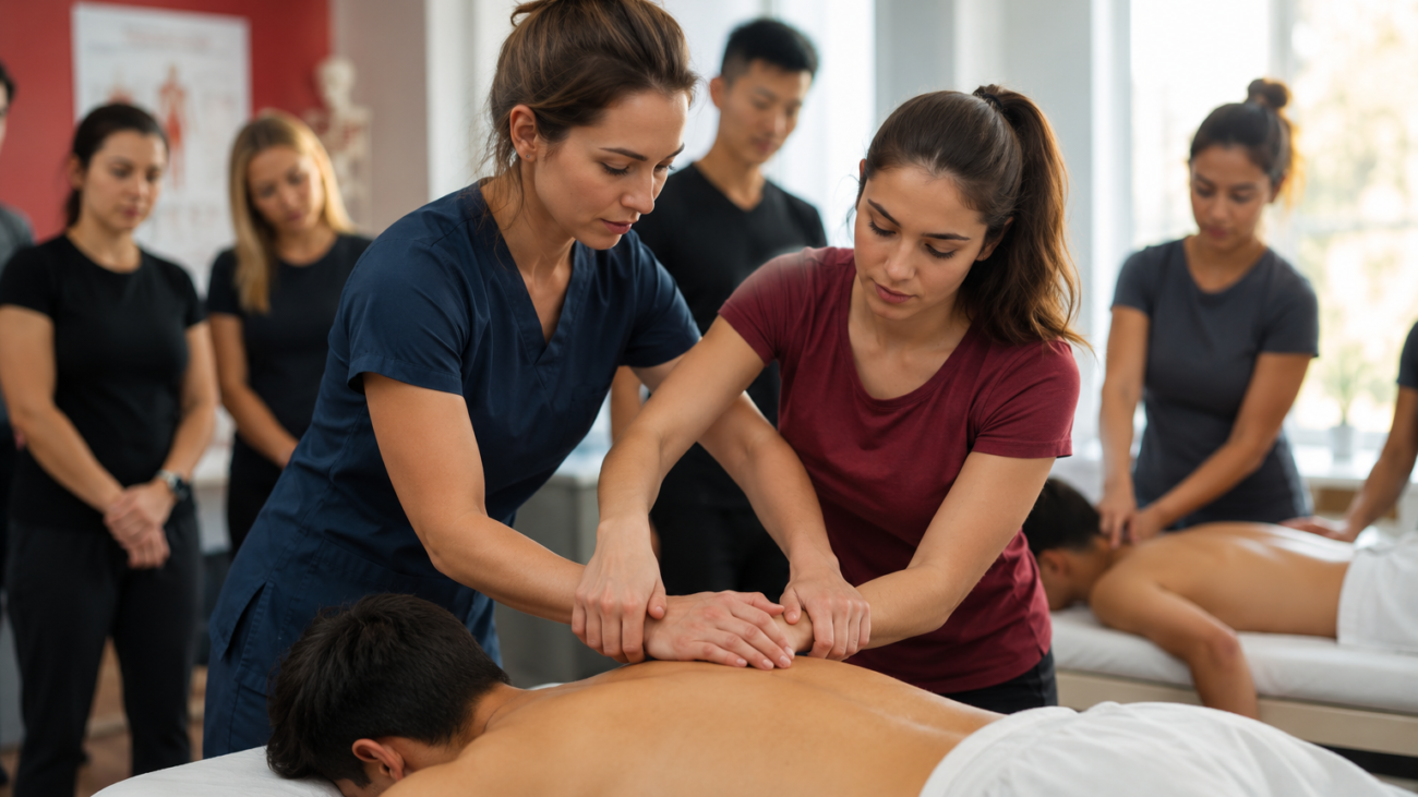 Massage therapy instructor guiding a student through hands-on technique training at Ruhani College