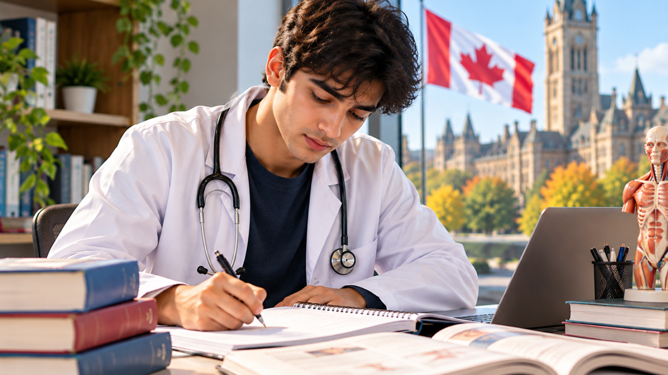 Focused Medical Student in a Canadian Library