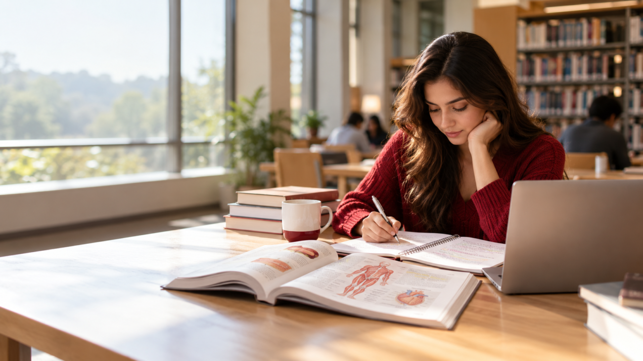 Adult student reviewing science notes while considering a pre-med diploma in Ontario