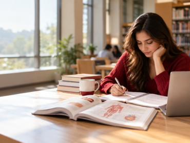 Adult student reviewing science notes while considering a pre-med diploma in Ontario